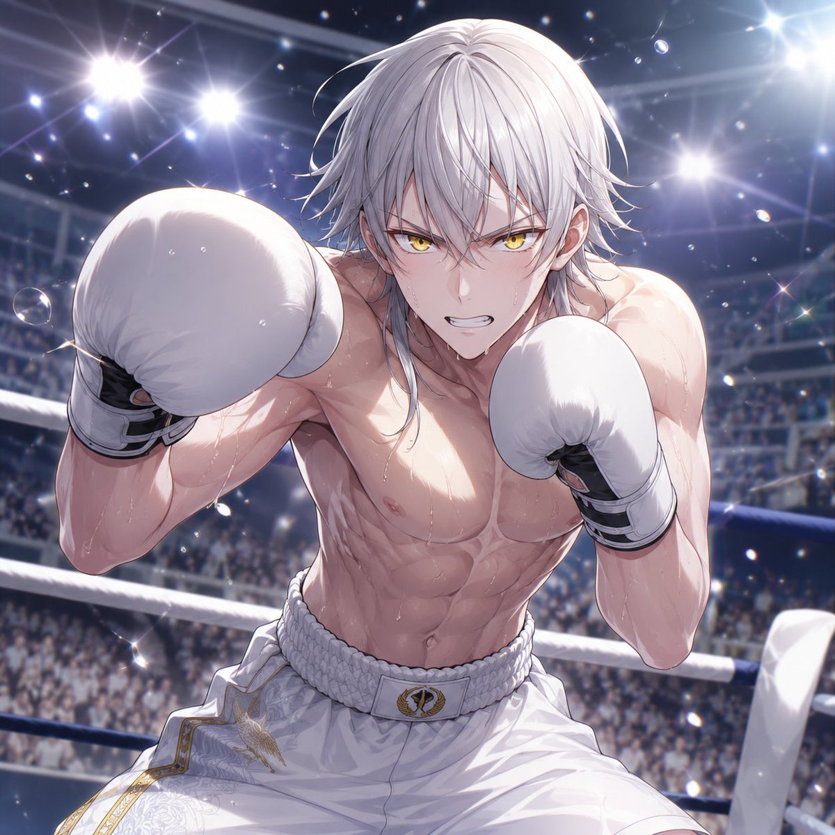 Chierie_behind's tweet photo. NovelAIで作った物をChatGPT君に掘り起こしてもらったとうらぶボクシング部のビジュアル

（左上）鶴丸国永
（右上）太鼓鐘貞宗
（左下）燭台切光忠
（右下）大倶利伽羅
#AIボクシング部 #とうらぶボクシング部 https://t.co/I42iXIQi8m
