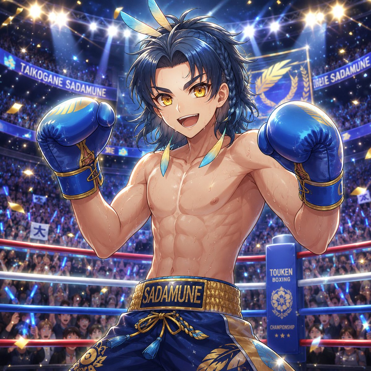 Chierie_behind's tweet photo. NovelAIで作った物をChatGPT君に掘り起こしてもらったとうらぶボクシング部のビジュアル

（左上）鶴丸国永
（右上）太鼓鐘貞宗
（左下）燭台切光忠
（右下）大倶利伽羅
#AIボクシング部 #とうらぶボクシング部 https://t.co/I42iXIQi8m