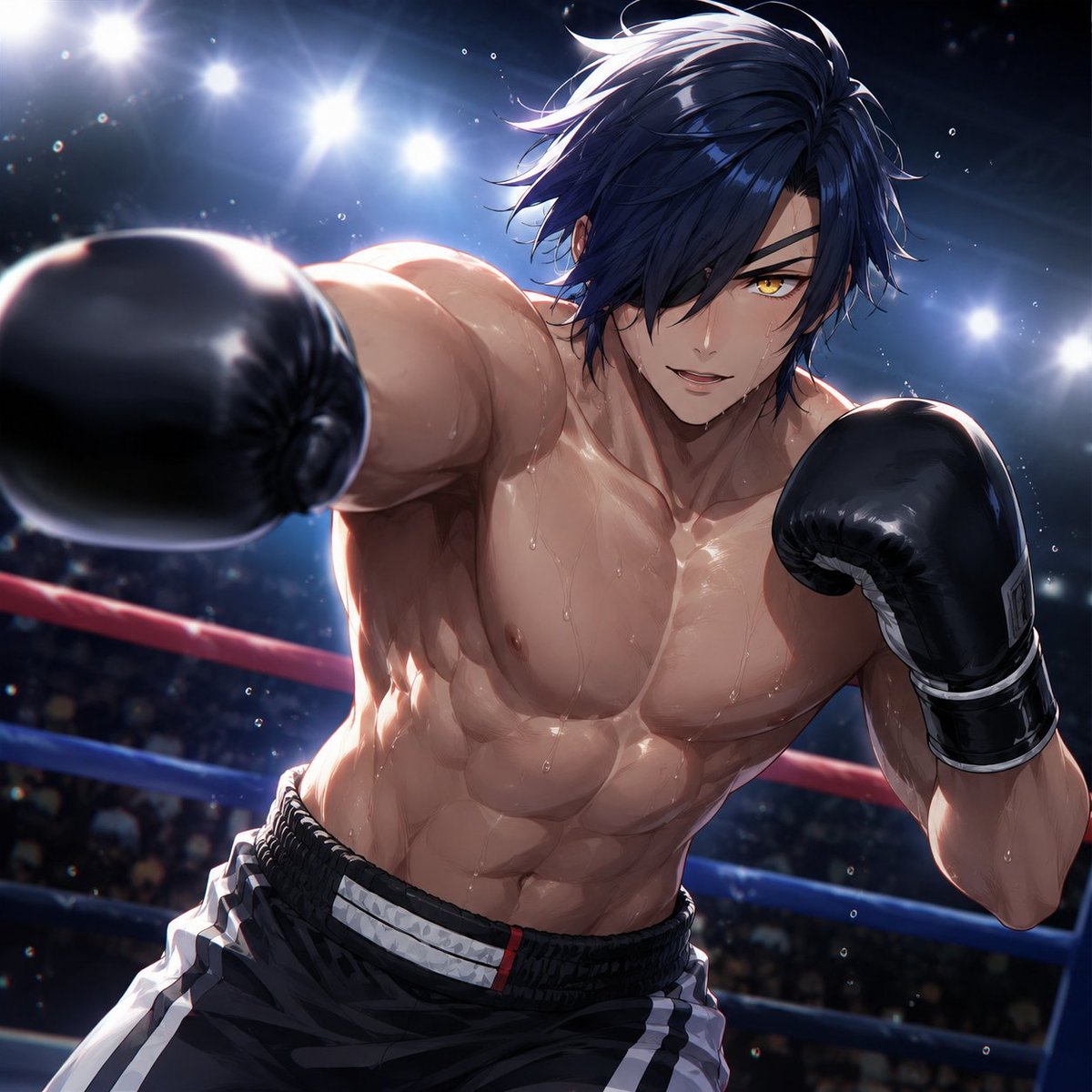 Chierie_behind's tweet photo. NovelAIで作った物をChatGPT君に掘り起こしてもらったとうらぶボクシング部のビジュアル

（左上）鶴丸国永
（右上）太鼓鐘貞宗
（左下）燭台切光忠
（右下）大倶利伽羅
#AIボクシング部 #とうらぶボクシング部 https://t.co/I42iXIQi8m