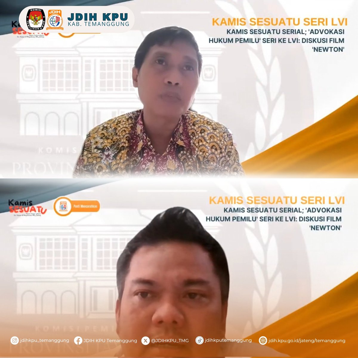 JDIHKPU_TMG's tweet photo. Halo #sobatjdihkputemanggung KPU Kabupaten Temanggung ikuti kegiatan Kajian Rutin Kamis Sesuatu

Film ini menegaskan bahwa integritas penyelenggara pemilu, perlindungan hak pilih setiap warga, dan komitmen terhadap demokrasi merupakan kunci terciptanya pemilu yang berintegritas. https://t.co/5LJdVVTb4i