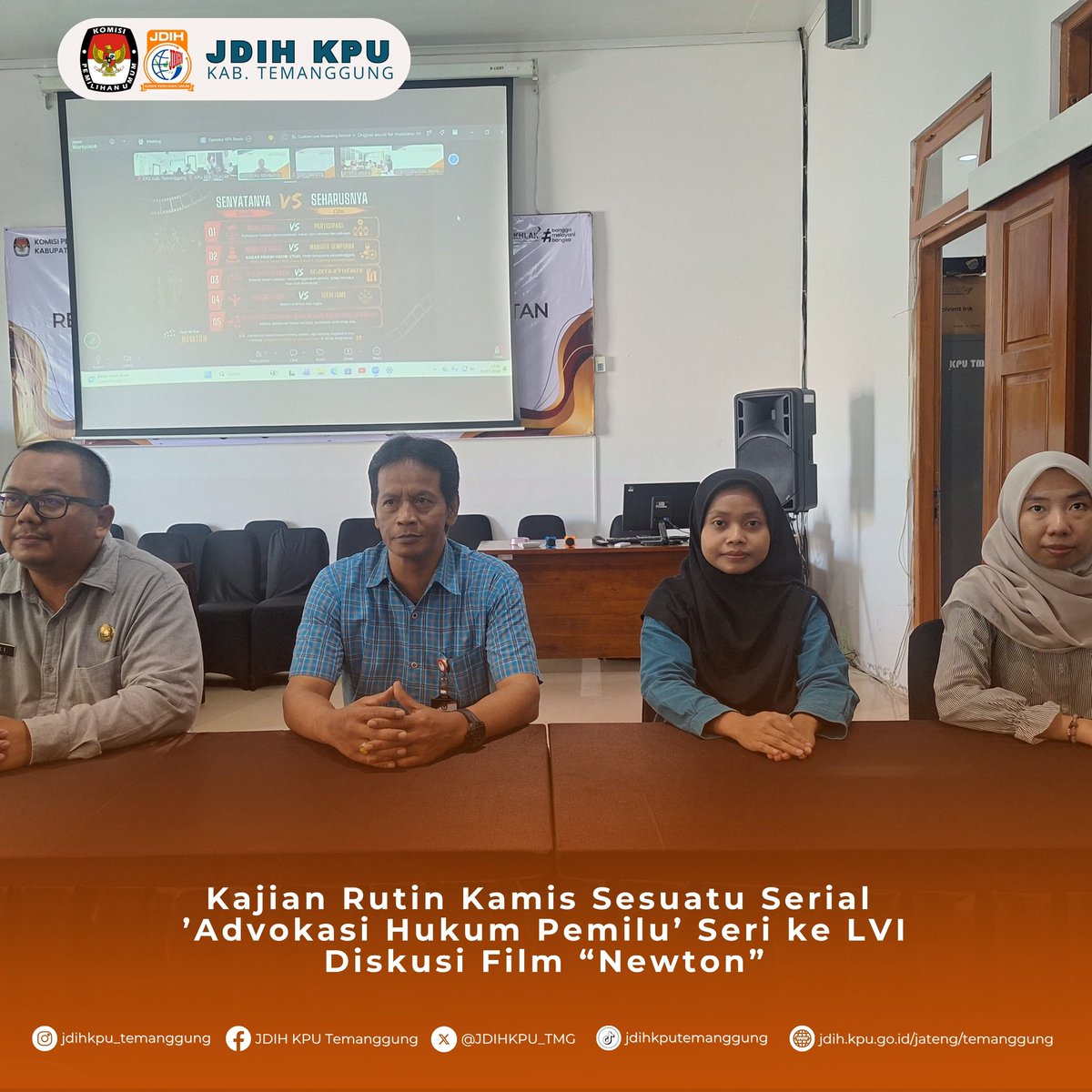 JDIHKPU_TMG's tweet photo. Halo #sobatjdihkputemanggung KPU Kabupaten Temanggung ikuti kegiatan Kajian Rutin Kamis Sesuatu

Film ini menegaskan bahwa integritas penyelenggara pemilu, perlindungan hak pilih setiap warga, dan komitmen terhadap demokrasi merupakan kunci terciptanya pemilu yang berintegritas. https://t.co/5LJdVVTb4i