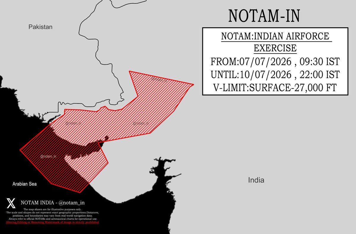 Theunk55's tweet photo. India issues NOTAM for Indian Air Force Exercise  in its North-Western Region. https://t.co/2x6bNz1Vz2