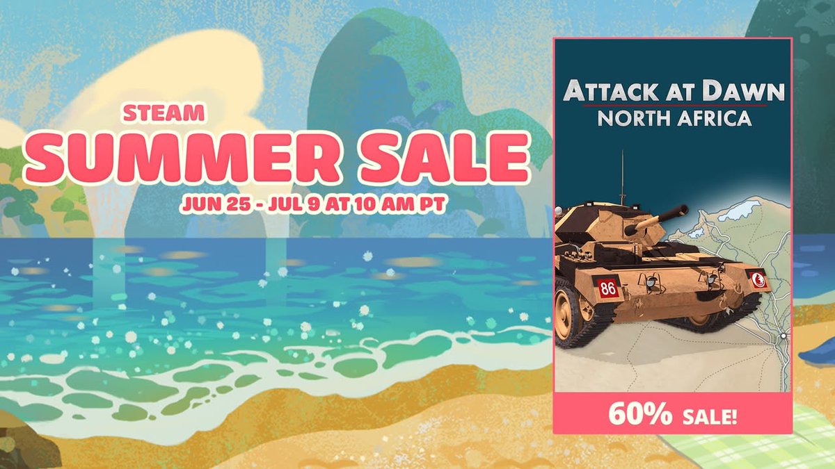 pz_div_games's tweet photo. 🌞 STEAM SUMMER SALE IS ON!!🌊 Attack at Dawn: North Africa is at 60% SALE!😀 Buy here: https://t.co/CeoE2cFt2h
#steamsummersale #steamsale #steam #madewithunity #strategygame #pcgaming #indiegame #WW2 #maps https://t.co/RKq3pisDwE