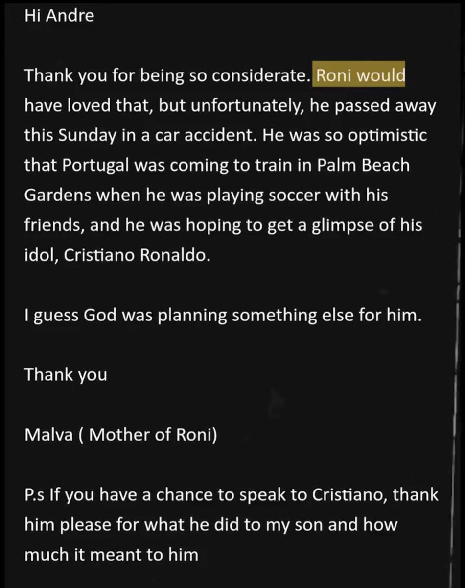 KDCGlobal_'s tweet photo. 🚨🚨🚨 A deeply moving report about the young man who hugged the legend Cristiano in the 2013 Real Madrid vs. Chelsea match 🥹:

The young man's name was Ronald Gjoka, and he was 19 years old.

In 2013, Real Madrid and Chelsea were playing a preseason friendly match here in Miami, on the same field where the Portugal and Colombia national teams played in the World Cup.

At one point, the match stopped, Ronald Gjoka ran toward Cristiano Ronaldo, hugged him, Ronaldo returned the hug, and they exchanged a few words.

🗣️ Malva [Ronald Gjoka's mother]: "I know he was like a mentor to him. My son didn't have a father in his life, so he was looking for a mentor."

🗣️ Richard Hughes [Ronald Gjoka's lawyer]: "It was as if he said: 'You are my mentor, you are my hero, you are like a father to me.' That's what Ronald Gjoka said to Ronaldo, and Ronaldo was thanking him and expressing his gratitude. It was a touching moment. He didn't say it explicitly, and I think the time was enough for them to talk during the hug; it was such a touching hug that watching it on video alone is beautiful."

Ronald Gjoka was arrested and spent a night in jail.

The next day, he was released, but the Miami prosecutor's office kept the charges.

🗣️ Richard Hughes [Ronald Gjoka's lawyer]: "One of the funniest things that happened during our consultation with him was that he said he was crying, scared and nervous, isolated in his cell with the other inmates. Then an old TV appeared, and it was showing 'ESPN.' After that, a video of him hugging Ronaldo was played, so everyone in the cell said: Wait, that's you! Everyone was surprised, and suddenly everyone loved him, and they clapped and cheered."

After two months, the charges remained, but Ronald's lawyer remembers that he asked Cristiano Ronaldo to sign a letter requesting that the Miami prosecutor's office drop all charges.

🗣️ Richard Hughes [Ronald Gjoka's lawyer]: "I first Googled and asked everywhere on the internet. I found the name of Ronaldo's agent and his contact information, and I tried with all my might to reach Ronaldo. And again, as if born of the moment, I emailed him, he replied, I had written the letter, but Ronaldo was the one who signed it."

🗣️ The letter from Richard Hughes that Ronaldo signed:

Assistant State Attorney  
Miami-Dade County State Attorney's Office  
Re:  
Ronald Gjoka  

My name is Cristiano Ronaldo, and I play soccer for Real Madrid. I was playing at Sun Life Stadium last month when one of the fans entered the field. His name is Ronald Gjoka, and he is a young college student. We hugged and talked for a while, until security arrived to remove him from the field.  
He was not aggressive or violent in any way. He also did not resist security or police in any possible manner.  
To my knowledge, he now realizes his mistake and the importance of security. He is also young, barely 20 years old, grew up orphaned and was raised by his mother. It seems he is studying at one of the universities in Palm Beach County, Florida, on an international student visa.  
I am concerned because I know he may face potential issues with immigration authorities and his university if the criminal charges against him are not dropped. He immediately surrendered to stadium security and, after being arrested by the police, spent a day and a half in jail. It seems a hearing was held in criminal court last Monday, and despite his attendance with a lawyer and his request to drop the charges, you refused.  

I understand your position and the importance of enforcing laws and regulations. Nevertheless, I ask you and your office to reconsider this decision and drop the two criminal charges against this young man. I do not want to see him face criminal penalties because of his mistake. He seems to have a very promising future ahead, and I do not want his future to be negatively affected by this misjudgment.