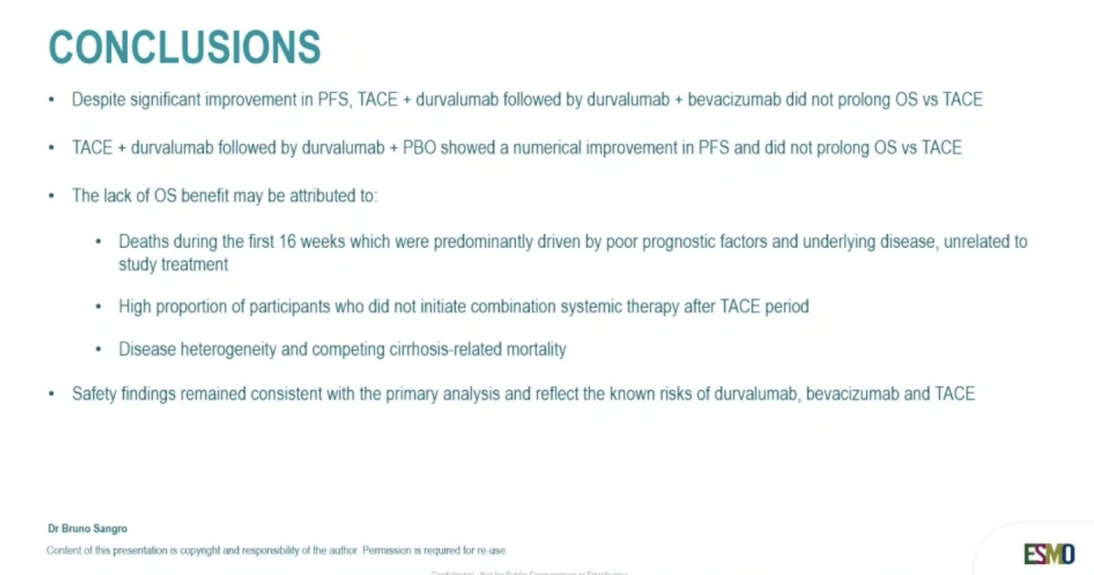 ArndtVogel's tweet photo. OS in EMERALD-1: A phase III study of durvalumab ± beva and TACE in unresectable embolisation-eligible HCC
👉OR &amp; PFS improved
👉no OS benefit
🧐No safety concerns, but also not strongly supporting the combination
@myESMO @EASLedu @ILCAnews https://t.co/2P136l7qMV