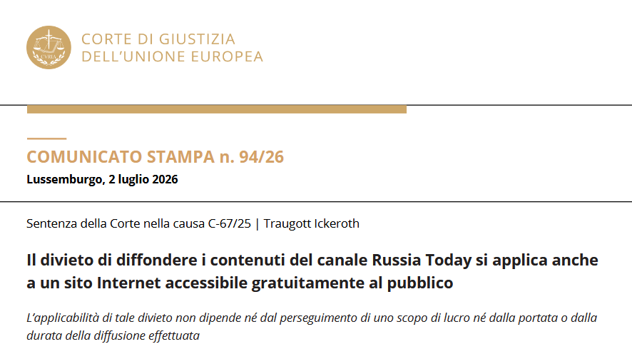 Ander_Bruckes's tweet photo. Sentenza spartiacque della Corte di Giustizia UE: "Il divieto di diffondere contenuti di RT si applica anche ad un sito internet accessibile gratuitamente al pubblico".

Potrebbe essere un punto di svolta.

@pinapic @CarloCalenda @f_onori @mlombardo81 @nomfup https://t.co/nh0AB8f8lc