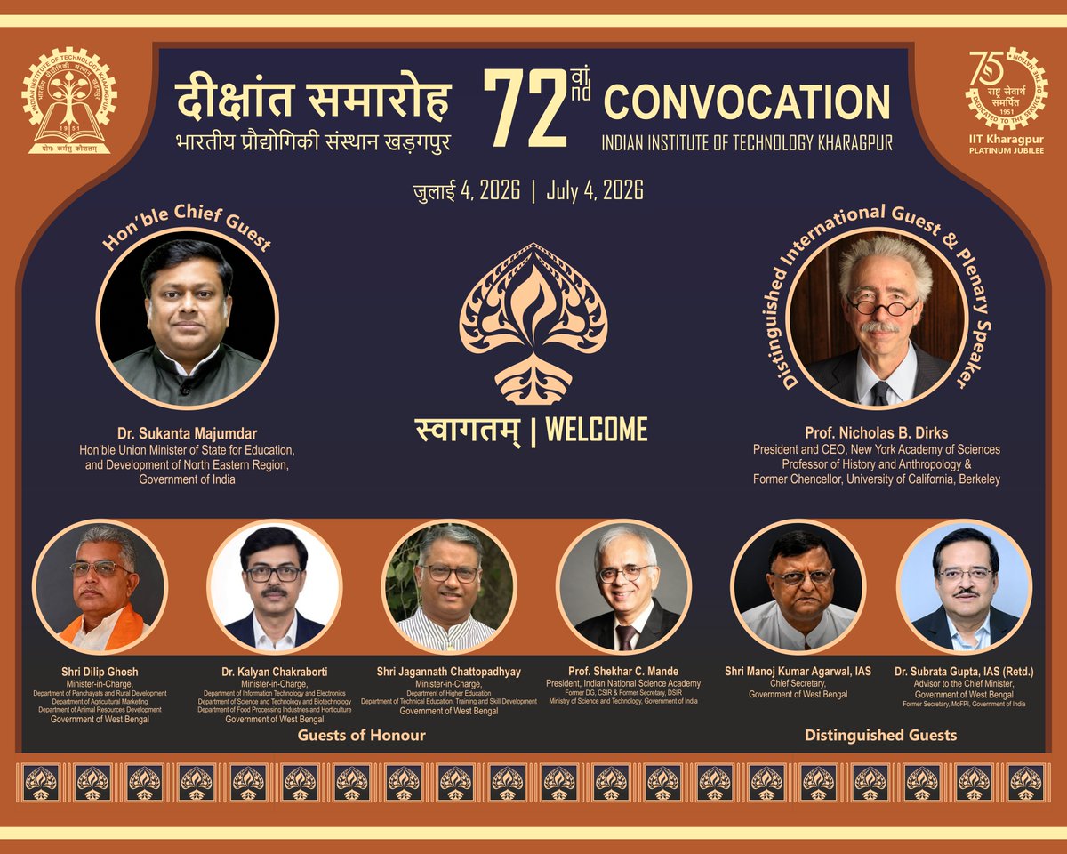 IITKgp's tweet photo. 🎓 The Countdown Begins!

The stage is set for the 72nd Convocation of IIT Kharagpur on 4 July 2026.

As we celebrate this milestone in our Platinum Jubilee Year, we proudly honour the Class of 2026—graduates ready to lead with knowledge, innovation, integrity, and purpose.

Here's to new beginnings, lifelong memories, and the enduring spirit of KGP.

KGP ka tempo high hai! ❤️

📺 Watch LIVE: https://t.co/ZPGV9V8qJp

#IITKharagpur #72ndConvocation #ClassOf2026 #PlatinumJubilee #Graduation #KGP #FutureReady #AcademicExcellence

@EduMinOfIndia @dpradhanbjp @DrSukantaBJP @Suman_iitkgp