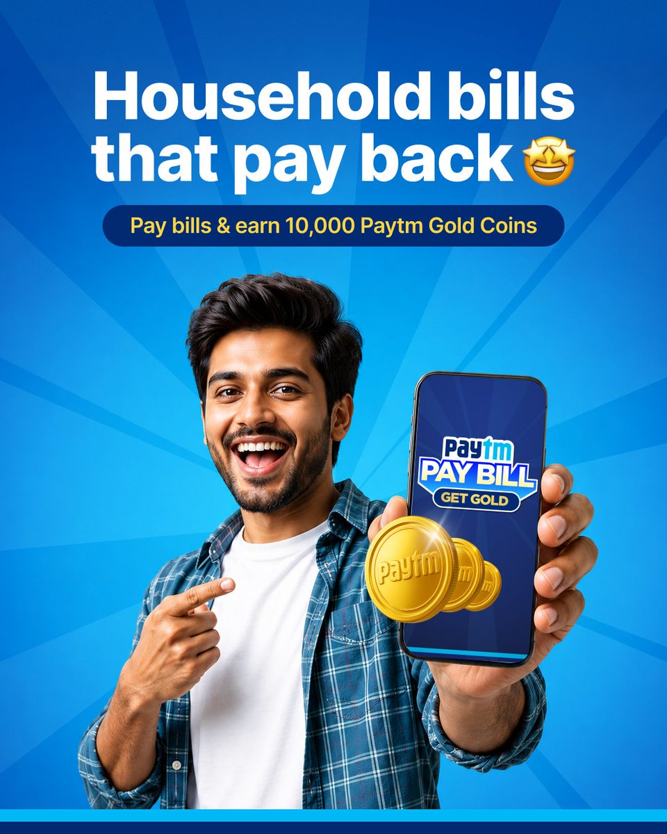 Paytm's tweet photo. The only bills we're happy to see? 😉
The ones that reward us with 10,000 Paytm Gold Coins. 🥇
Pay bills across 3 categories on Paytm &amp; make your monthly payments a little more rewarding. 📲
#PaytmKaro https://t.co/gOMCntA8FV