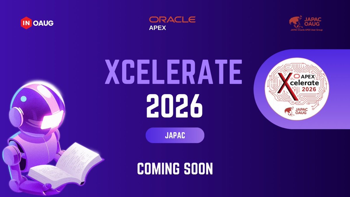 inoaug's tweet photo. 🚀 Students, get ready!

XCELERATE 2026 – JAPAC is coming soon!

Join us to explore Oracle APEX, Low-Code development, AI, while learning from experts and connecting with the Oracle developer community.

Stay tuned for registrations!

#XCELERATE2026 #JAPAC #OracleAPEX #Students https://t.co/JXcOCJ4gvl