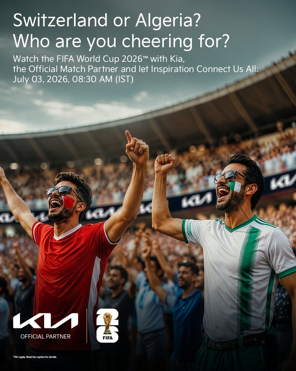 KiaInd's tweet photo. Two teams, one ticket to the next round.
 
Who will keep their FIFA World Cup 2026™, dream alive? Drop your score prediction in the comments and tell us who you're backing: Switzerland 🇨🇭 or Algeria 🇩🇿.

Join Kia, Official Partner of the FIFA World Cup 2026™. https://t.co/vuFsirsWpL