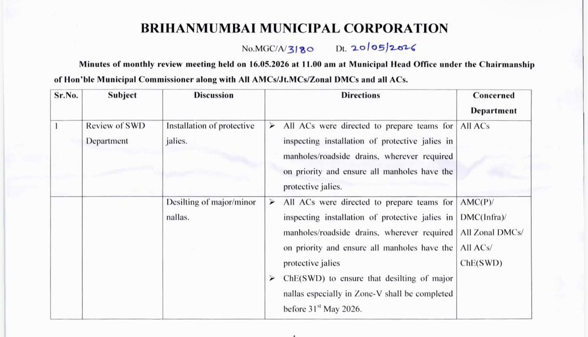richapintoi's tweet photo. The suspension of four @mybmc officers has come in wake of the fact that in the annual monthly meeting held last month by the municipal commissioner all ward officers were asked to prepare teams for installation of protective jallies in manholes on priority. 

Minutes of the meeting below.