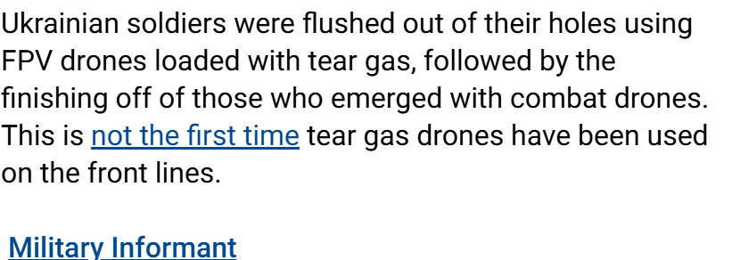 NotWoofers's tweet photo. Russian channels released footage of them using tear gas to flush out Ukrainian fighters from dugouts and kill them.

The use of tear gas in military conflict is a war crime, though this has not stopped them before, as there are few ramifications for them. So they will continue. https://t.co/YtRD7uavUY
