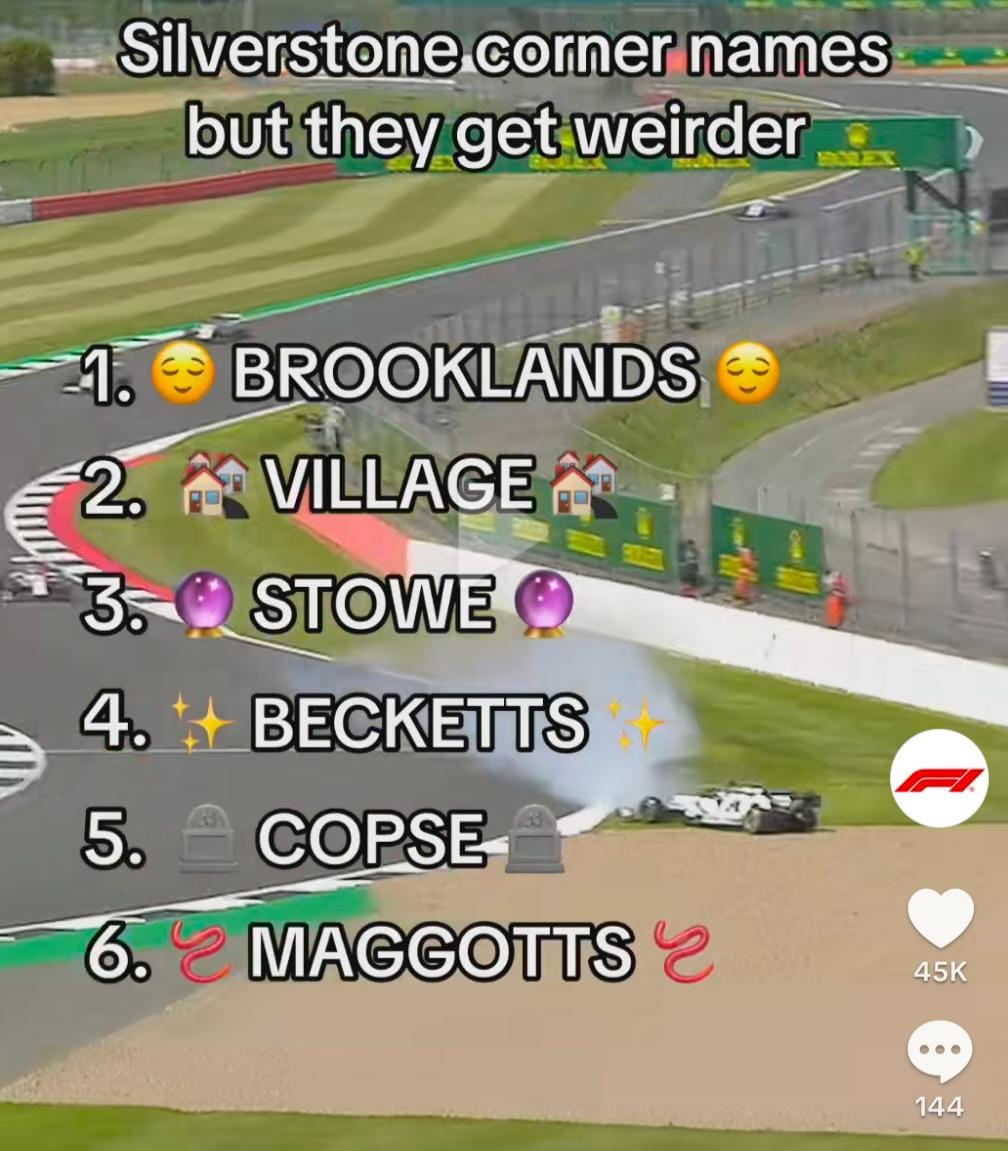 F1BigData's tweet photo. Since Formula 1 has decided to throw its own history in the bin in its latest TikTok, here are the names of the corners/straights and their origins

Main Straight | Hamilton Straight - Renamed in 2020, honouring their home hero

T1 | Abbey - Named for the remains of a medieval monastery found nearby, Luffield Abbey

T2 | Farm - The original circuit featured a straight that passed by a farm

T3 | Village - Refers to the closest village (Silverstone)

T4 | The Loop - Reflects the shape of the corner

T5 | Aintree - Liverpool’s Aintree Racecourse was home to the British GP on 5 seasons

Wellington Straight - During World War II, the land was home to an RAF base and featured runways for the Vickers Wellington bombers

T6 | Brooklands - Tribute to another former host of the British GP

T7 | Luffield - Reminder of the aforementioned abbey that stood to the north-east of the track

T8 | Woodcote - Woodcote Park is a stately home located on RAC-owned land in Surrey

T9 | Copse - Luscious countryside and pockets of woodland surround Silverstone, with some of the small groups of trees – referred to as copses

T10 to T14 | Maggotts, Becketts and Chapel - Maggotts, named for Maggots Moor, which sits on the other side of the grandstands. Becketts and Chapel remember a medieval chapel which honoured former Archbishop of Canterbury Thomas Becket

Hangar Straight - Refers to Silverstone’s military past

T15 | Stowe - Refers to the local Stowe School

T16 | Vale - Likely named after the Aylesbury Vale district, but not confirmed

T17 and T18 | Club - A salute to the RAC’s London clubhouse