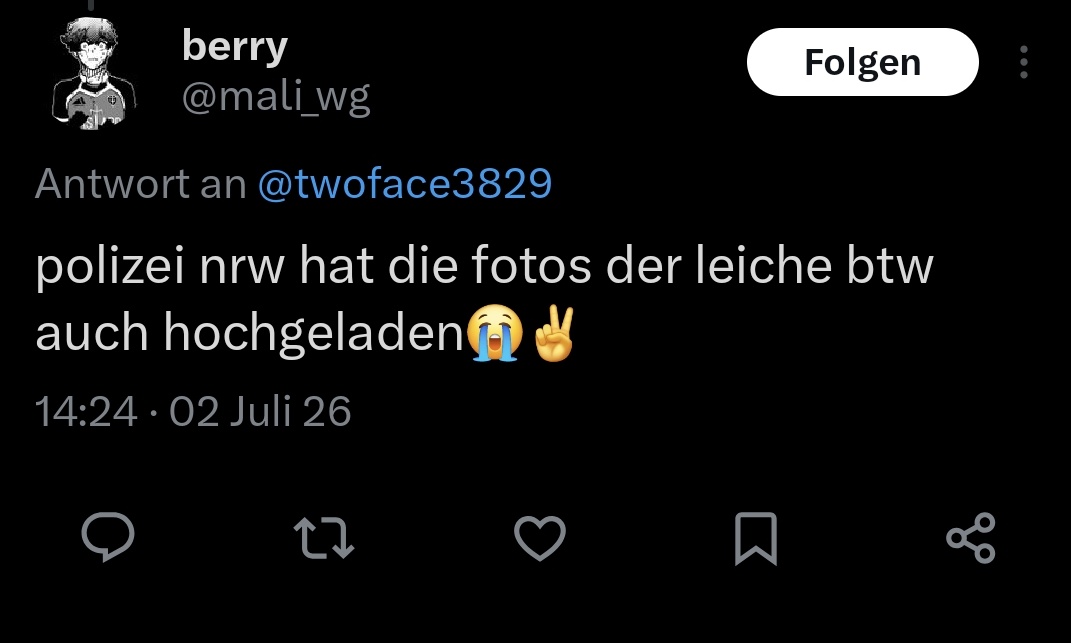twoface3829's tweet photo. Ey ihr seid doch alle krank, die Polizei ist genauso daran schuld das dieses bild jetzt überall öffentlich ist. Egal ob unbekannt oder prominent es soll allgemein nicht im Internet landen. https://t.co/bxmQKMnmUp
