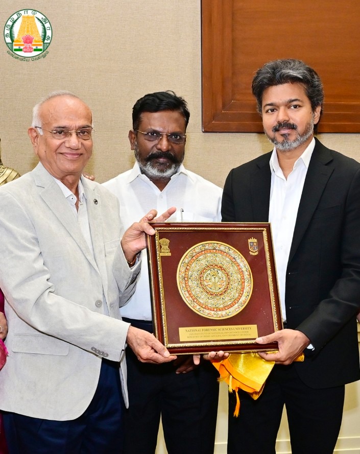 NFSU_Official's tweet photo. Padma Shri Awardee Dr. J.M. Vyas, VC‑NFSU, paid a courtesy visit to Hon’ble Tamil Nadu CM Thiru. S. Joseph Vijay at the Chief Secretariat, Chennai on 2 July'26. They held a meaningful dialogue on advancing forensic capabilities in Tamil Nadu, accompanied by senior NFSU officials. https://t.co/yRKESycEka