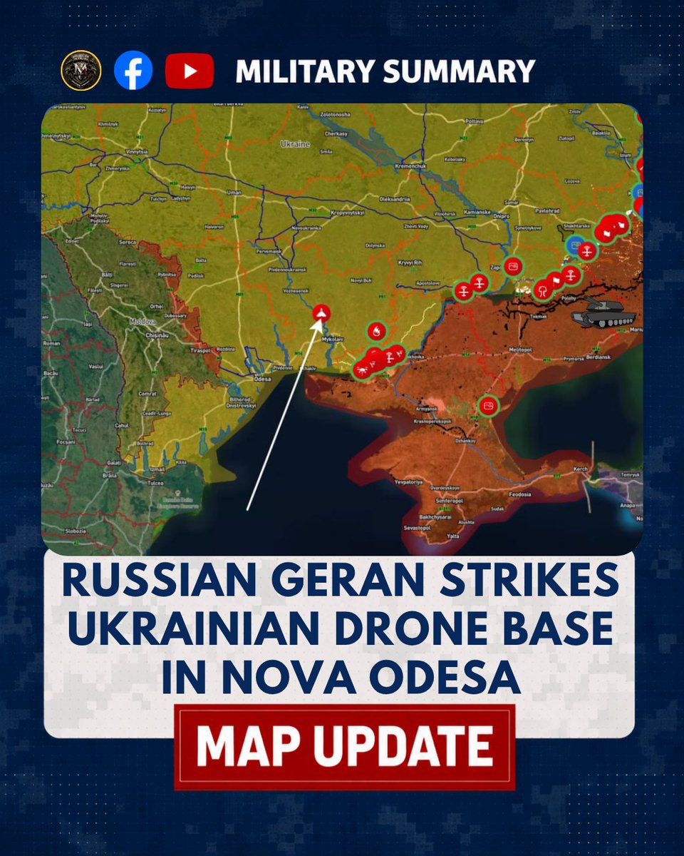 MilitarySummary's tweet photo. #UkraineRussiaWar
🌐 Place: #NovaOdesa
🕰 Date: ~01.07.2026
📌 Coordinates:
00:04' 47.291590265225224, 31.796445463750263
00:12' 47.29216935136479, 31.797626201880067
👩🚀 Squad:
📝 Description: Russian Geran strikes Ukrainian drone base in Nova Odesa.
✉️source: https://t.co/Ze4MptfJSD
Map: https://t.co/8pSHL5MepL