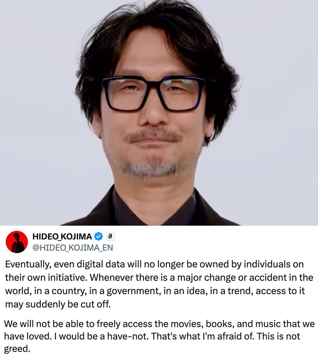 Dexerto's tweet photo. Fans think Hideo Kojima predicted gaming's future after rediscovering a four year old post

He warned that paid digital games could become inaccessible years before PlayStation announced it would no longer sell physical discs https://t.co/7ZX9YHOOIc