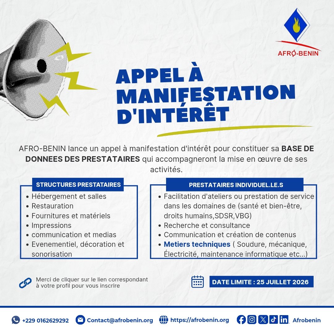 afrobenin's tweet photo. 📢 APPEL À MANIFESTATION D'INTÉRÊT | CONSTITUTION DE LA BASE DE DONNÉES DES PRESTATAIRES D'AFRO-BENIN

📝 Formulaire - Prestataires individuel.le.s
https://t.co/delCF0zvCC

📝 Formulaire - Structures prestataires 
https://t.co/NMkBRd4l9I

#AFROBENIN #AppelAManifestationDInteret https://t.co/IU8uXiUCo2