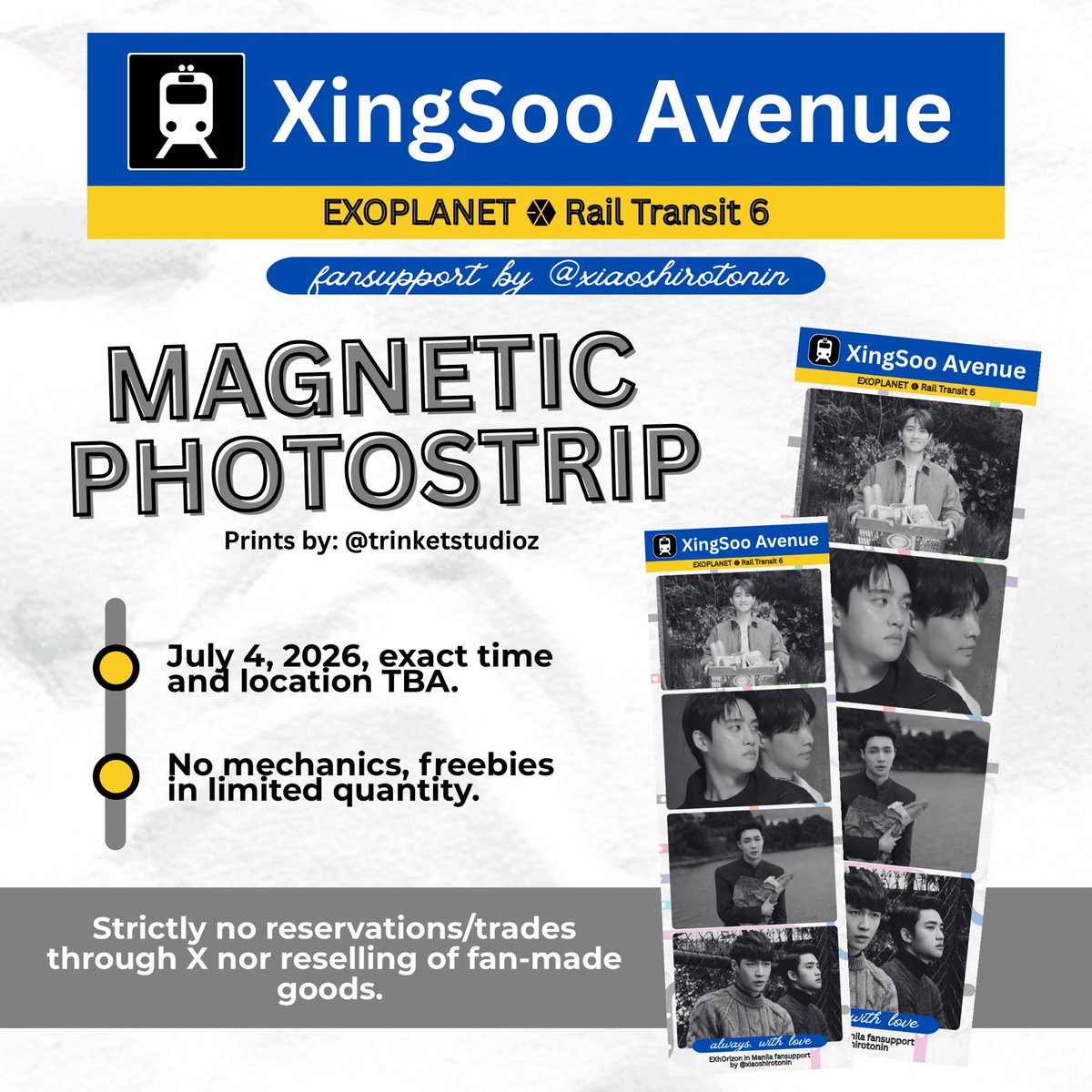 xiaoshirotonin's tweet photo. Kapit nang mahigpit, ang tren ay paparating na sa XingSoo Avenue! 🚊

𝐗𝐢𝐧𝐠𝐒𝐨𝐨 𝐀𝐯𝐞𝐧𝐮𝐞
— #EXhOrizonInManila fansupport by @xiaoshirotonin

Magnetic Photostrip (1:1) 

⚠️ July 4, time &amp; loc TBA
⚠️ No mechanics + limited qty

See you! 😉 https://t.co/rEw48sOh7v