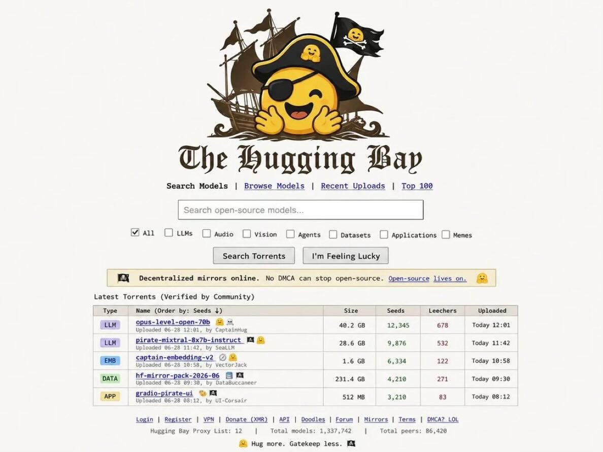 0x0SojalSec's tweet photo. the pirate bay for open LLM's, model weights downloadable with torrents.

Our next option is waiting https://t.co/rBYQwJ4Xh8