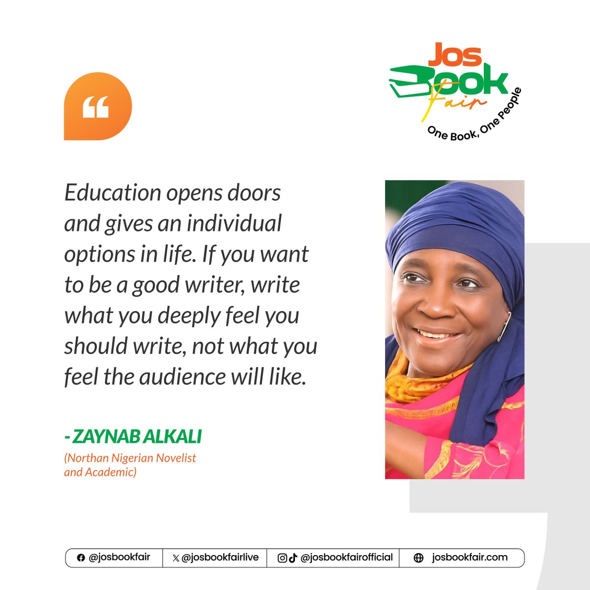 josbookfairlive's tweet photo. Read deeply. Learn continuously. Write authentically.

Whose writing has inspired you the most? 📚✍🏾

#JosBookFair #NigerianLiterature #ReadingCulture #AuthorQuotes #OneBookOnePeople https://t.co/yumd3YDj6C