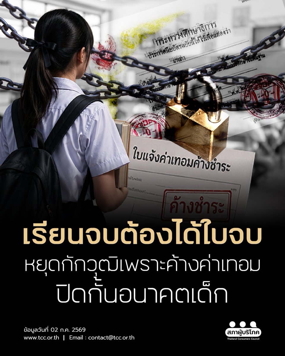 tccthailand's tweet photo. 🎓 เรียนจบแล้ว...แต่ไม่ได้ใบจบ เพราะไม่มีเงินจ่ายค่าเทอม?
---
แม้จะเรียนครบตามหลักสูตร แต่เด็กหลายคนกลับถูกกักใบแสดงผลการเรียนหรือประกาศนียบัตร เพราะค้างชำระค่าเทอมหรือค่าใช้จ่ายอื่น ส่งผลให้พลาดโอกาสเรียนต่อ สมัครงาน และเริ่มต้นอนาคตของตัวเอง
.
📢 สภาผู้บริโภคย้ำว่า "การศึกษาเป็นสิทธิ ไม่ใช่สิทธิที่ต้องซื้อเพิ่ม" การได้รับใบจบและเอกสารสำคัญทางการศึกษาเป็นสิทธิขั้นพื้นฐานของผู้เรียนทุกคน ไม่ควรถูกใช้เป็นเครื่องมือติดตามหนี้
.
พร้อมเสนอแนวทางแก้ไขเชิงนโยบาย เพื่อให้เด็กทุกคน "เรียนจบ ต้องได้ใบจบ" อย่างเท่าเทียม และไม่ถูกปิดกั้นโอกาสเพียงเพราะฐานะทางเศรษฐกิจของครอบครัว
.
💬 คุณเคย��บหรือเคยได้ยินกรณีโรงเรียนกักใบจบเพราะค้างชำระค่าใช้จ่ายหรือไม่? ร่วมแบ่งปันประสบการณ์หรือความคิดเห็นใต้โพสต์ เพื่อช่วยสะท้อนปัญหาและผลักดันให้เกิดการเปลี่ยนแปลง
.
📩 สามารถร้องเรียนได้ที่สายด่วนกระทรวงศึกษาธิการ 1579 หรือผ่านเว็บไซต์ของสภาผู้บริโภค https://t.co/XO3o8WlT13
.
.
#เรียนฟรี15ปี #สิทธิการศึกษา
#สภาผู้บริโภค #เพื่อนผู้บริโภค
#สภาผู้บริโภคที่ไม่ใช่สคบ.