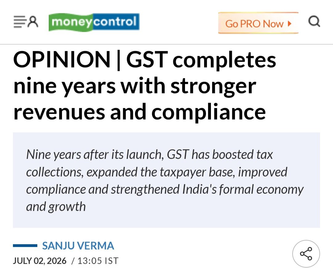 Sanju_Verma_'s tweet photo. My #Oped

#9YearsOfGST

📌Two slabs..5% &amp; 18%..only Sin Goods at 40%+

📌Items of mass consumption taxed at 0-5%

📌2886Cr Invoices uploaded
📌778Cr E-way bills

https://t.co/4Ml833TzmO https://t.co/q6UXbw9xTf