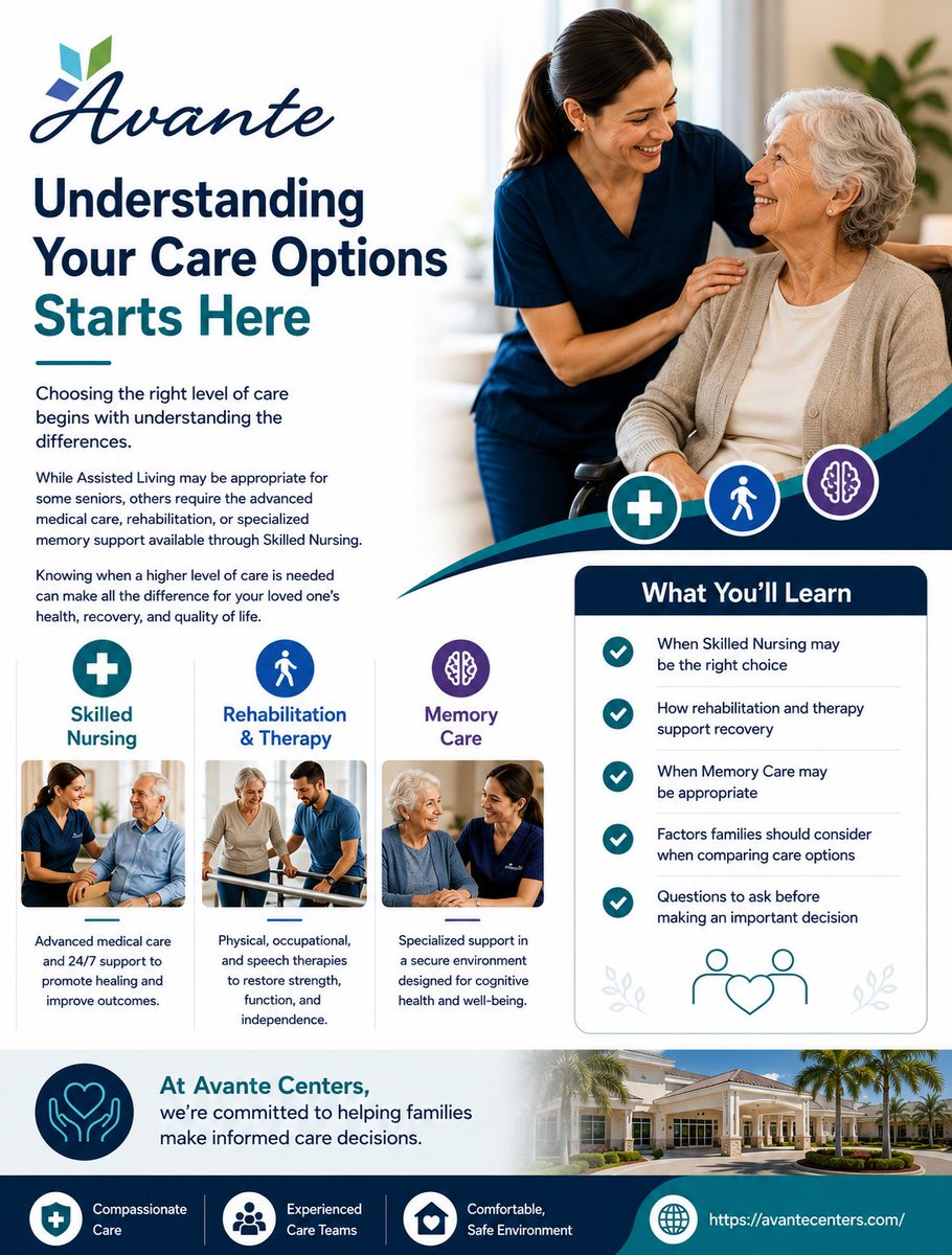 AvanteGroupInc's tweet photo. Understanding Your Care Options Starts Here

Understanding Skilled Nursing, Assisted Living, and Memory Care can help families make informed decisions for their loved one's health and future.

https://t.co/LG2WLIAf0K

#AvanteCenters #SkilledNursing #SeniorCare https://t.co/wV3Qd8Jfwj