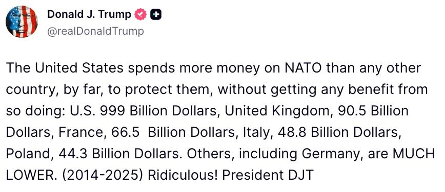 MarioNawfal's tweet photo. 🇺🇸 Trump just posted on Truth Social about Europe's failure to pay its fair share in NATO:

"The United States spends more money on NATO than any other country, by far, to protect them, without getting any benefit from so doing: U.S. 999 Billion Dollars, United Kingdom, 90.5 Billion Dollars, France, 66.5 Billion Dollars, Italy, 48.8 Billion Dollars, Poland, 44.3 Billion Dollars. 

Others, including Germany, are MUCH LOWER. (2014-2025) Ridiculous!"

That's a warning that they'll soon be scrambling to defend against Russia alone if they don't cough up a lot more for joint defence. 

Writer: Mhedi