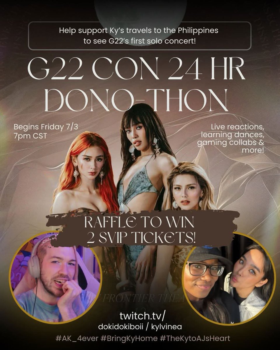kylvinea's tweet photo. Hey guys!!! Me and Doki will be doing a 24hr ๐๐ข๐๐๐๐ ๐๐ข๐ก๐ข-๐ง๐๐ข๐ก to help get me to the Philippines for the 12th of July to witness G22's "๐๐ฉ๐ฆ ๐๐ท๐ฆ ๐ฐ๐ง ๐ข๐ฏ ๐๐ญ๐ฑ๐ฉ๐ข: ๐๐ฉ๐ฆ ๐๐ช๐ณ๐ด๐ต ๐๐ฐ๐ฏ๐ค๐ฆ๐ณ๐ต".
Life has been extremely hard to me lately but I do NOT wannaย ๐ ๐๐ฆ๐ฆ seeing my girls ๐น๐ถ๐๐ฒ!
๏ธ๏ธJoin us to this Friday, 8pm EST (Saturday 8am PHT) on https://t.co/BV6MBQr1dD! ๐ง๐ต๐ฒ๐ฟ๐ฒ ๐๐ถ๐น๐น ๐ฏ๐ฒ ๐ฟ๐ฒ๐ฎ๐ฐ๐๐ถ๐ผ๐ป๐, ๐ด๐ฎ๐บ๐ฒ๐, ๐ฑ๐ฎ๐ป๐ฐ๐ฒ ๐ฐ๐ต๐ฎ๐น๐น๐ฒ๐ป๐ด๐ฒ๐, ๐ฎ๐ป๐ฑ ๐๐ถ๐ฐ๐ธ๐ฒ๐ ๐ฟ๐ฎ๐ณ๐ณ๐น๐ฒ๐ ๐!
๏ธ๏ธ
๏ธ๏ธRaffle details will be announced during the stream so be sure not to miss it!
๏ธ๏ธ
๏ธ๏ธSee you there!
#G22 #Dokidokiboii #Kylvinea
#G22TheFirstConcert @G22Official #Bullets