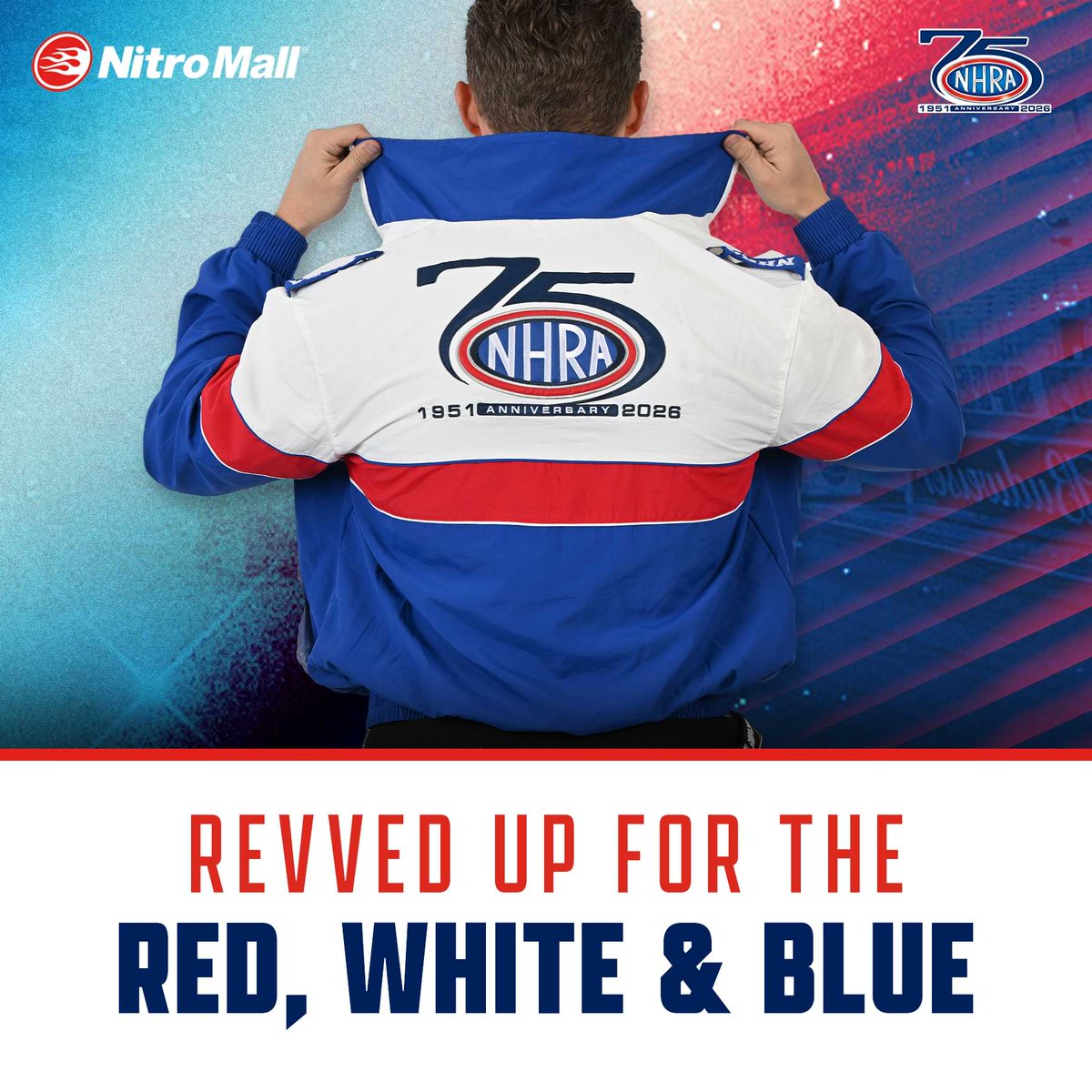 NHRA's tweet photo. Revved up for the red, white &amp; blue! 

Check out the NHRA 75th Anniversary collection at Nitro Mall! 

➡️ https://t.co/lgEgv7feR9 https://t.co/sxuhTjg92H
