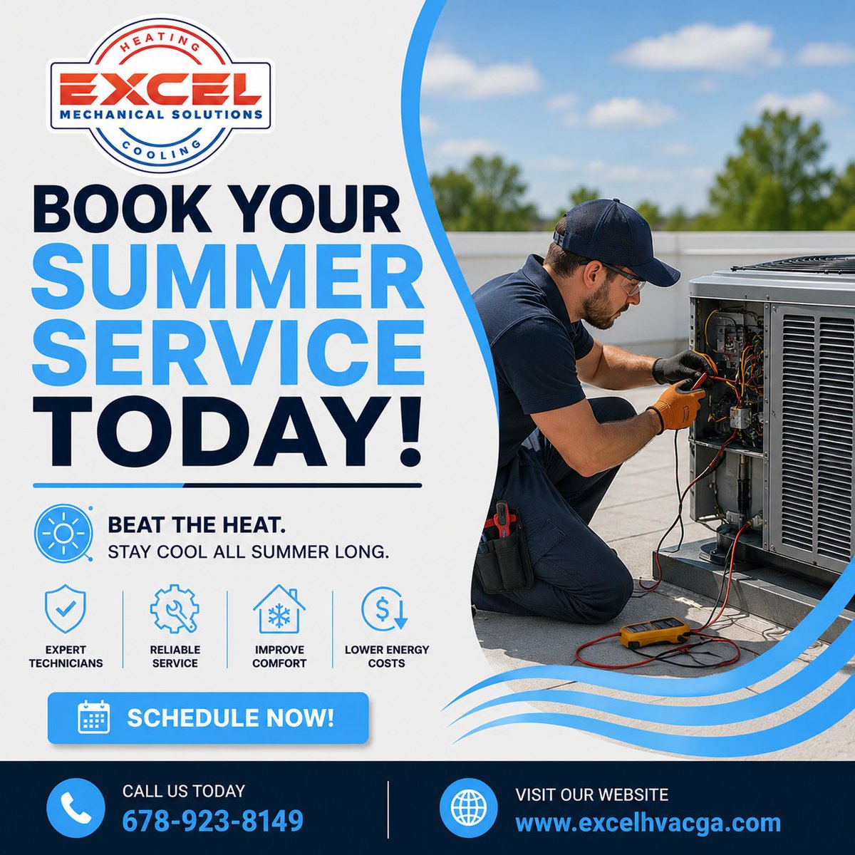 Excel_Mech's tweet photo. Peak cooling season is here. Secure your appointment before schedules fill up.
#BookNow #SummerHVAC #HomeComfort https://t.co/MUh35KjCJw