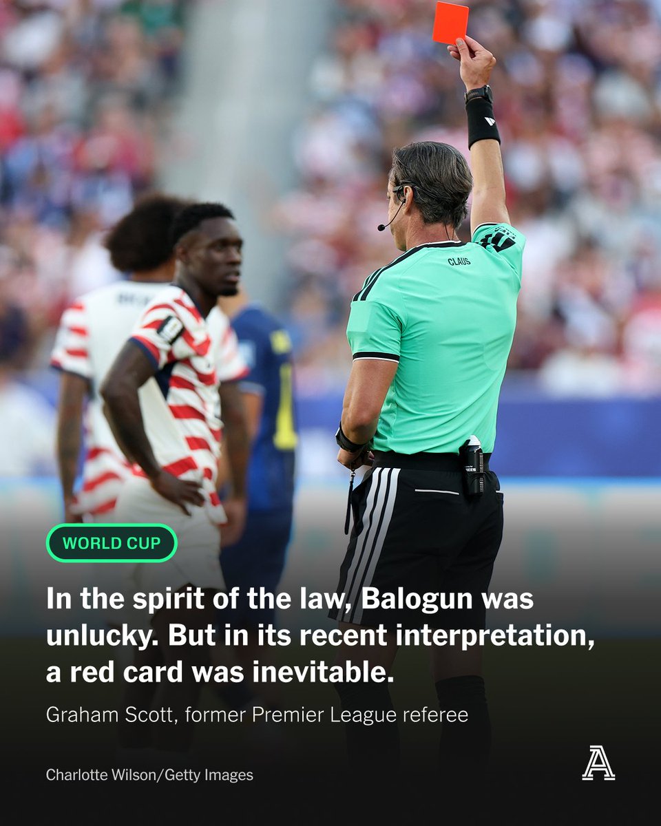 TheAthletic's tweet photo. Folarin Balogun was sent off in the only blot on an otherwise dream night for the United States in its round-of-32 win over Bosnia and Herzegovina.

Why was he shown a red card, and could the decision be appealed?

Our writers break it down:
https://t.co/7l90Cs3IBX https://t.co/i4RSouj6dq