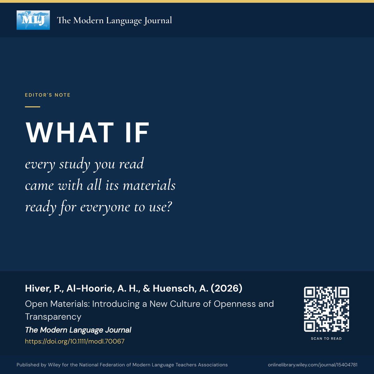 ModernLanguageJ's tweet photo. What if every study you read came with all its materials ready for everyone to use? 

MLJ introduces a new culture of openness and transparency.  

Hiver, Al-Hoorie, &amp; Huensch (2026). The Modern Language Journal. https://t.co/2PcJe7Bq8T https://t.co/JouACGgHW7