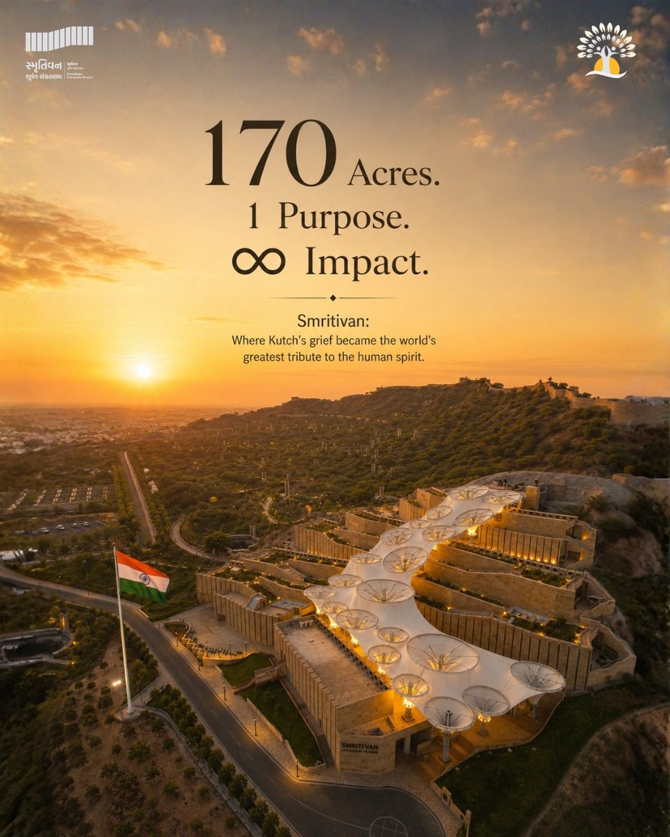 smritivan's tweet photo. 170 acres of hills. One purpose. Infinite impact. 🌄

This is Smritivan — not just a memorial, but Kutch's promise that no loss goes unremembered and no lesson goes unlearned.

Every gallery. Every corridor. Every quiet moment here tells a story of loss, courage, and rebirth.

Have you walked through Smritivan? Share your experience in the comments. 👇

📍Smritivan Earthquake Memorial & Museum, Bhuj

#Smritivan #KutchEarthquake #NeverForget #Gujarat #Resilience