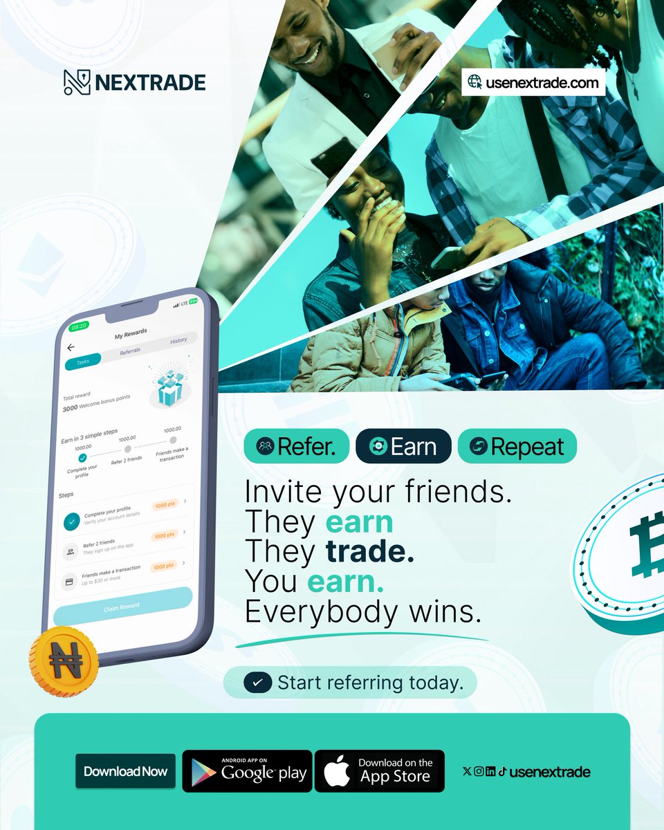 usenextrade's tweet photo. Good things are better when shared.
Invite your friends to Nextrade and enjoy rewards together.

Download link in bio ✨🥹

43,000BTC #nextrade #btc #ETH #cryptonigeria https://t.co/icg9NnBdLx