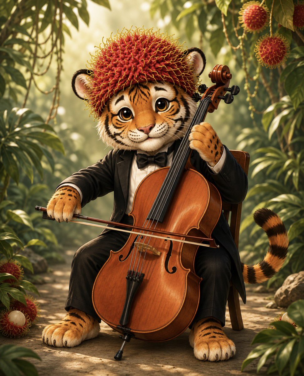 Fruitopia_K's tweet photo. 【キャラクター紹介】
🎻 チェロ首席奏者：トランブータン

トラとランブータンから生まれた、
トロピカンジャングルオーケストラのチェロ首席奏者。

情熱的で温かい音色を奏でる人気奏者。

豊かな響きでオーケストラを支え、
仲間たちからも厚く信頼されています。

#フルートピア
#オーケストラ https://t.co/wAFB1wYy3F