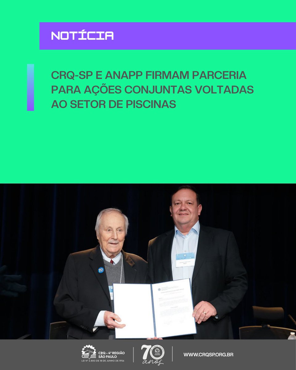 CRQ_SP's tweet photo. 📰 #Notícia | O CRQ-SP e a ANAPP firmaram um acordo de cooperação para fortalecer ações técnicas e educativas voltadas às atividades da Química no setor de piscinas.

A parceria prevê capacitação, produção de conteúdo e incentivo às boas práticas e à Responsabilidade Técnica. https://t.co/xthbQP3YzJ