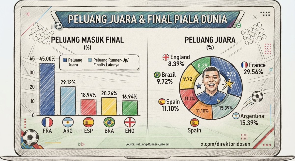direktoridosen's tweet photo. Prediksi tim yang akan lolos final dan tim yang akan juara.
Perancis jadi unggulan, argenti pun sama. 

1). Prancis, 🇫🇷  
- peluang juara : 29.56%  
- peluang masuk final : 45.00%  

2). Argentina, 🇦🇷  
- peluang juara : 15.39%  
- peluang masuk final : 29.12%  

3). Spanyol, 🇪🇸  
- peluang juara : 11.10%  
- peluang masuk final : 18.94%  

4). Brasil, 🇧🇷  
- peluang juara : 9.72%  
- peluang masuk final : 20.24%  

5). Inggris, 🏴󠁧󠁢󠁥󠁮󠁧󠁿  
- peluang juara : 8.39%  
- peluang masuk final : 16.94%

cc:
@Fandom_ID 
@bahaspemainbola
@ChelseaEleven 
@gilabola_ina 
@INDOSPORCLE 
@indosfc
@Lambe_Iler
@Juve_info01
@BetaKopites
@sepakbolatribun
@stngh_lapangan
@txtttgbola
@UnitedTalkAbout
@psetengahmatang
@vicko_twitt
@bacot_bolaa
@Indo_Como 
@suporter_media 
@IDN_Daily
@_hamm21 

salam presisi