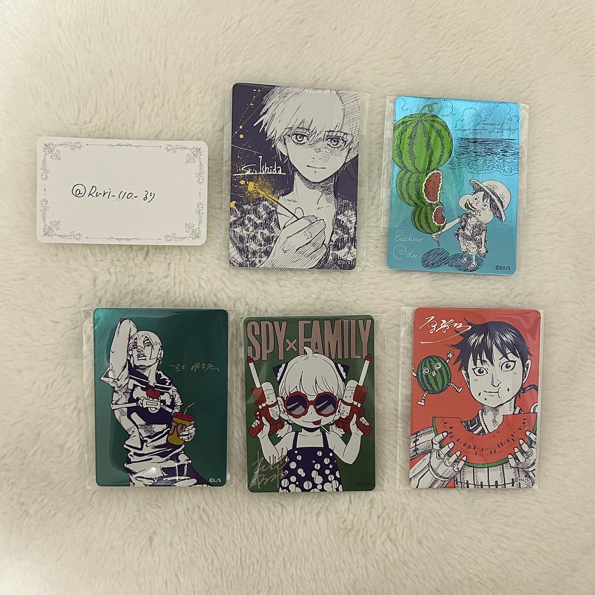 Ruri_110_'s tweet photo. 【交換】ナツコミ 夏コミ 特典 メタキラカード

譲：東京喰種、ONE PIECE 、The JOJOLands 、SPY×FAMILY、キングダム、

求：お姉ちゃんの翠くん、不可抗力のI LOVE YOU、恋するリップ・ティント、極楽街

郵送のみ
お気軽にお声掛けください。 https://t.co/4dCf9VVkCP