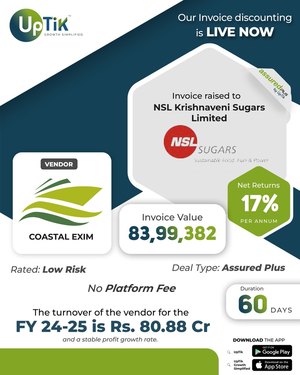 UpTikOfficial's tweet photo. 🚨 LIVE NOW on UpTikInvest in a verified invoice raised to NSL Krishnaveni Sugars Ltd.💰 Net Returns: 17% p.a.

⏳ Duration: 60 Days
📄 Invoice Value: ₹83.99L
✅ Assured Plus Deal
✅ No Platform Fee
✅ Low Risk Rated
📲 Invest now on UpTik.

#UpTik #InvoiceDiscounting https://t.co/8ewpPYACAk