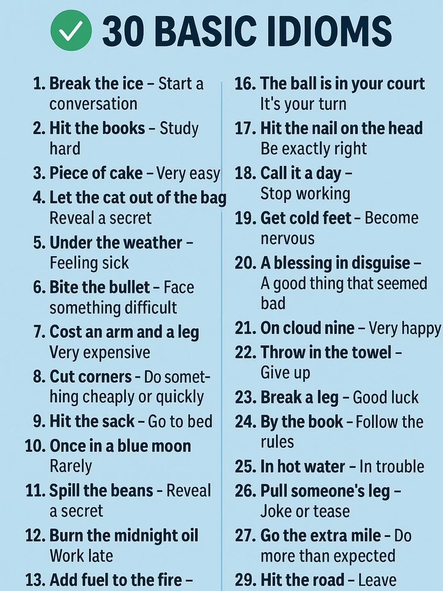EGrammer41600's tweet photo. 30 BASIC IDIOMS https://t.co/9oyazf0hDf