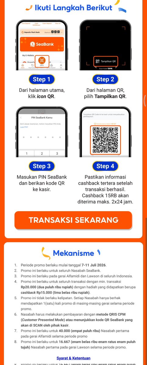 kimmyexp's tweet photo. Hut Seabank Juga bentar lagi ges🤤
🗓️7-11 Juli 2026

promo merchant offline:

✅Point Coffee 5RB gaada kuota 
✅Tissue 5RB gaada kuota
✅Family Mart cashback 15RB minbel 20RB
(kuota 43.433 transaksi)
✅Alfamidi cashback 15RB minbel 20RB
(kuota: 40.000 trx)
✅Lawson cashback 15RB minbel 20RB
(kuota:16.667 trx)

kuota banyak bgt tumben🤣🤣

cara garapnya ada di pict di bawah 👇🏻