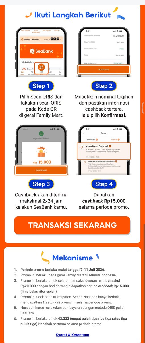kimmyexp's tweet photo. Hut Seabank Juga bentar lagi ges🤤
🗓️7-11 Juli 2026

promo merchant offline:

✅Point Coffee 5RB gaada kuota 
✅Tissue 5RB gaada kuota
✅Family Mart cashback 15RB minbel 20RB
(kuota 43.433 transaksi)
✅Alfamidi cashback 15RB minbel 20RB
(kuota: 40.000 trx)
✅Lawson cashback 15RB minbel 20RB
(kuota:16.667 trx)

kuota banyak bgt tumben🤣🤣

cara garapnya ada di pict di bawah 👇🏻