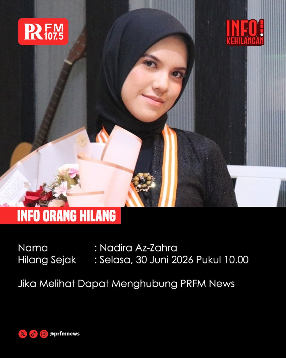 PRFMnews's tweet photo. INFO ORANG HILANG

Nama: Nadira Az-Zahra
Alamat: Ciwastra, Kel. Mekarjaya, Kec. Rancasari, Kota Bandung
Sekolah: Mahasiswi Tel-U, Fakultas llmu Terapan (FIT), Prodi SIKC (Sistem Informasi Kota Cerdas), Angkatan 2025 https://t.co/qyWIzuxhar