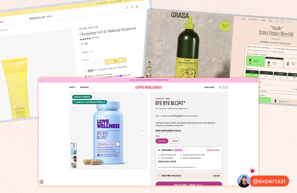 expertazi's tweet photo. Day 13 of 30: Product page examples (PDP)

Graza: great design, but subscription is too hard to complete
Love Wellness: cleanest flow, stats next to price, no distractions
Beekman 1802: minimal and focused, but trust signals buried at the bottom

Follow for more.

#CRO #webdesign https://t.co/s3tsOkwpM9