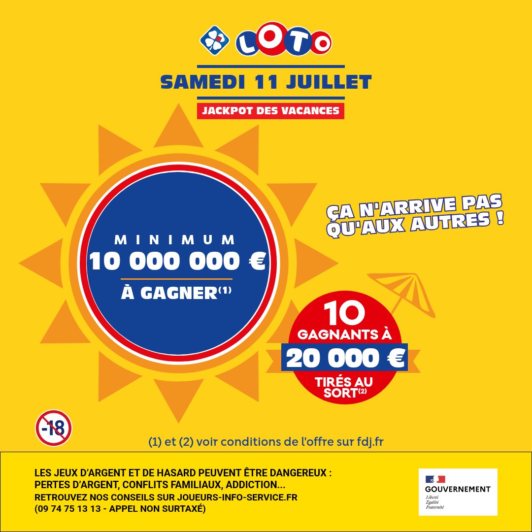 FDJ_Officiel_'s tweet photo. ☀️ Cet été, le Jackpot des Vacances débarque sur LOTO® !
Minimum 10 000 000 € à gagner ce samedi 11 juillet.