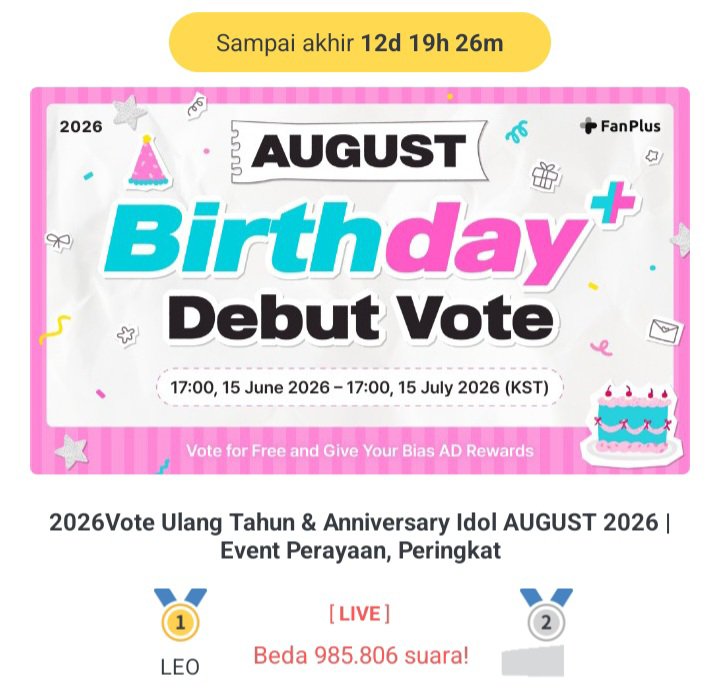 Diraaloey's tweet photo. ⚠️FANPLUS BIRTHDAY VOTING LEELEO⚠️

🎂 August idol birthday vote 🎂

Reward :🏅Gongdeok St. LED AD for 14 days 

🔗https://t.co/hLI6zsQcHf

📈 Current rank: #1
⏳ End vote : 15 Juli 2026

📌 walaupun ada 3 pemenangnya tetep usahain dan pertahanin gapnya leo ya guys di apk FANPLUSS 💪🥰💪🥰

#LEO #리오 #이리오 #LEO_ALD1 #ALPHADRIVEONE    #ALD1