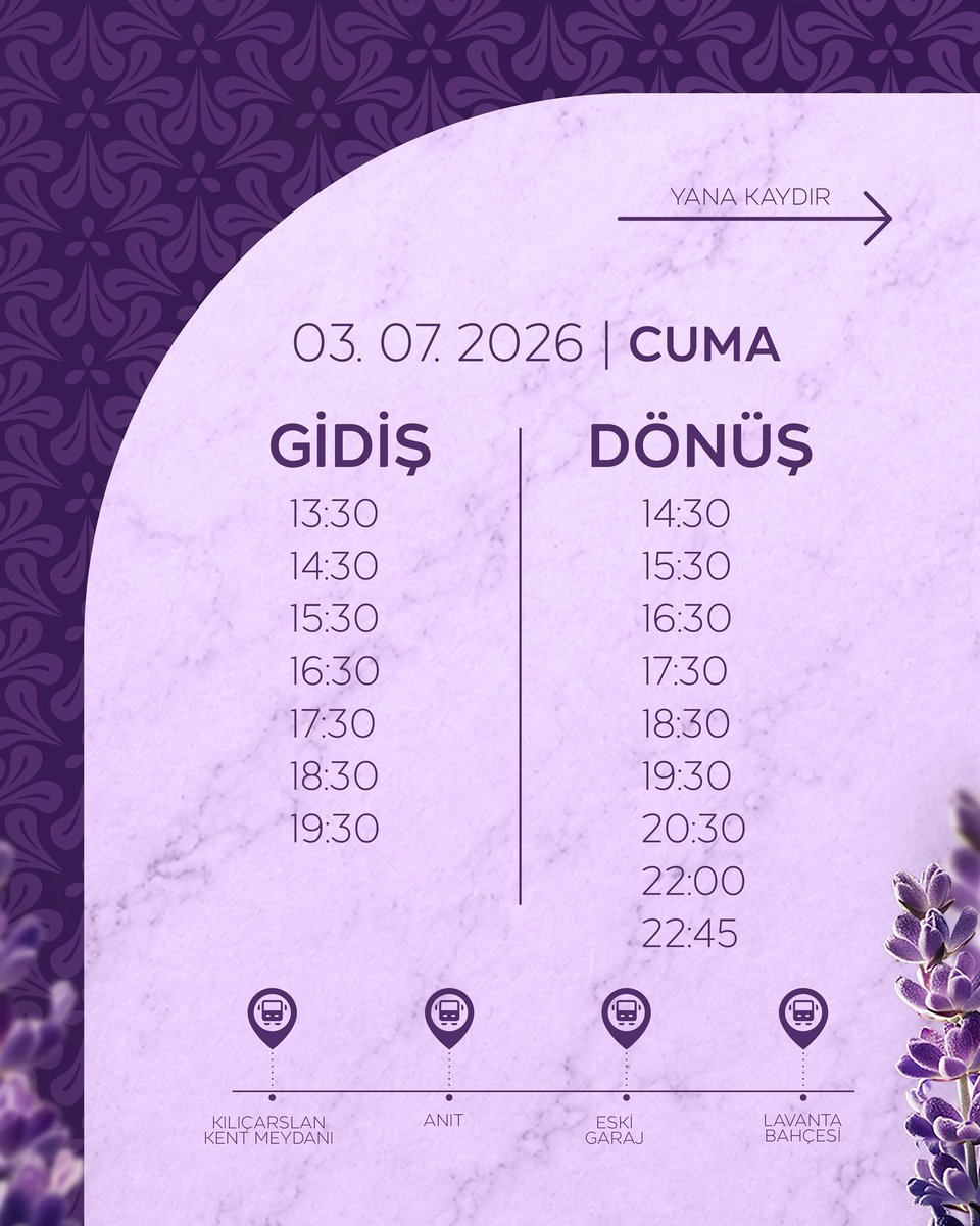 KaratayBelediye's tweet photo. Karatay Lavanta Günleri Ücretsiz Servis Duyurusu🚌🪻

3-4-5 Temmuz Karatay Lavanta Günleri etkinlikleri için şehir merkezinden lavanta bahçelerimize gidiş ve dönüş olarak ücretsiz servislerimiz hizmet verecektir. 

Tüm vatandaşlarımızı Karatay Lavanta Günleri’mize bekliyoruz.

Detaylar haberimizde👇🏻
https://t.co/CeMKjpsx6u