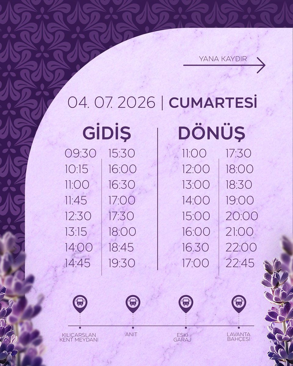 KaratayBelediye's tweet photo. Karatay Lavanta Günleri Ücretsiz Servis Duyurusu🚌🪻

3-4-5 Temmuz Karatay Lavanta Günleri etkinlikleri için şehir merkezinden lavanta bahçelerimize gidiş ve dönüş olarak ücretsiz servislerimiz hizmet verecektir. 

Tüm vatandaşlarımızı Karatay Lavanta Günleri’mize bekliyoruz.

Detaylar haberimizde👇🏻
https://t.co/CeMKjpsx6u